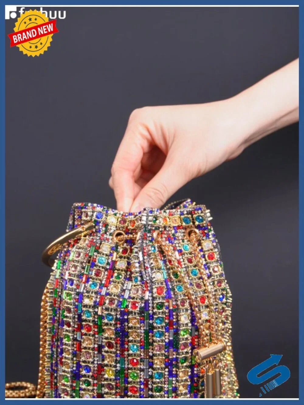 Crystal Rhinestone Embellished Bucket Bag with Ring Handle, Gold Chain Strap,